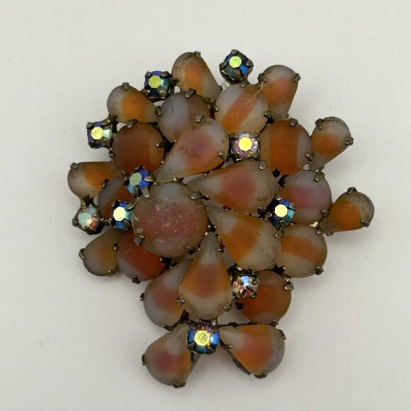 Vintage 1950s Orange Givre Glass Cabochon Arora Borealis Rhinestone Brooch - Picture 14 of 15